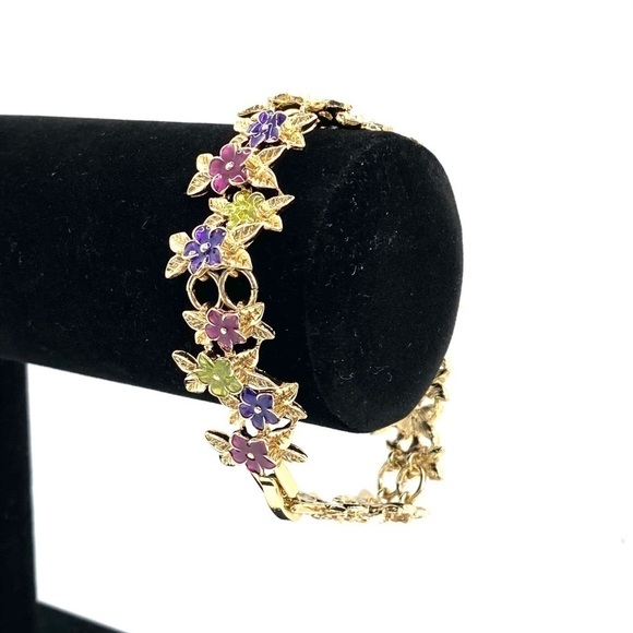 Bracelet Gold Tone With Flowers 8” - Picture 4 of 13